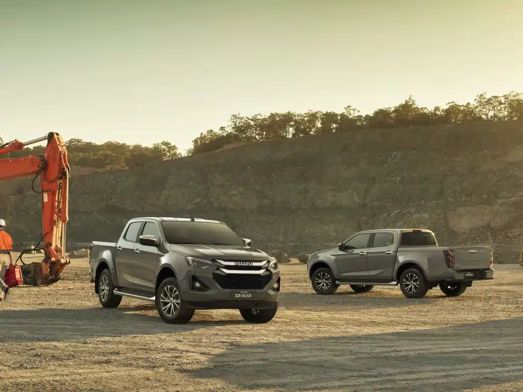 deux ISUZU gris sur une place en terre - rochers en arrière plan