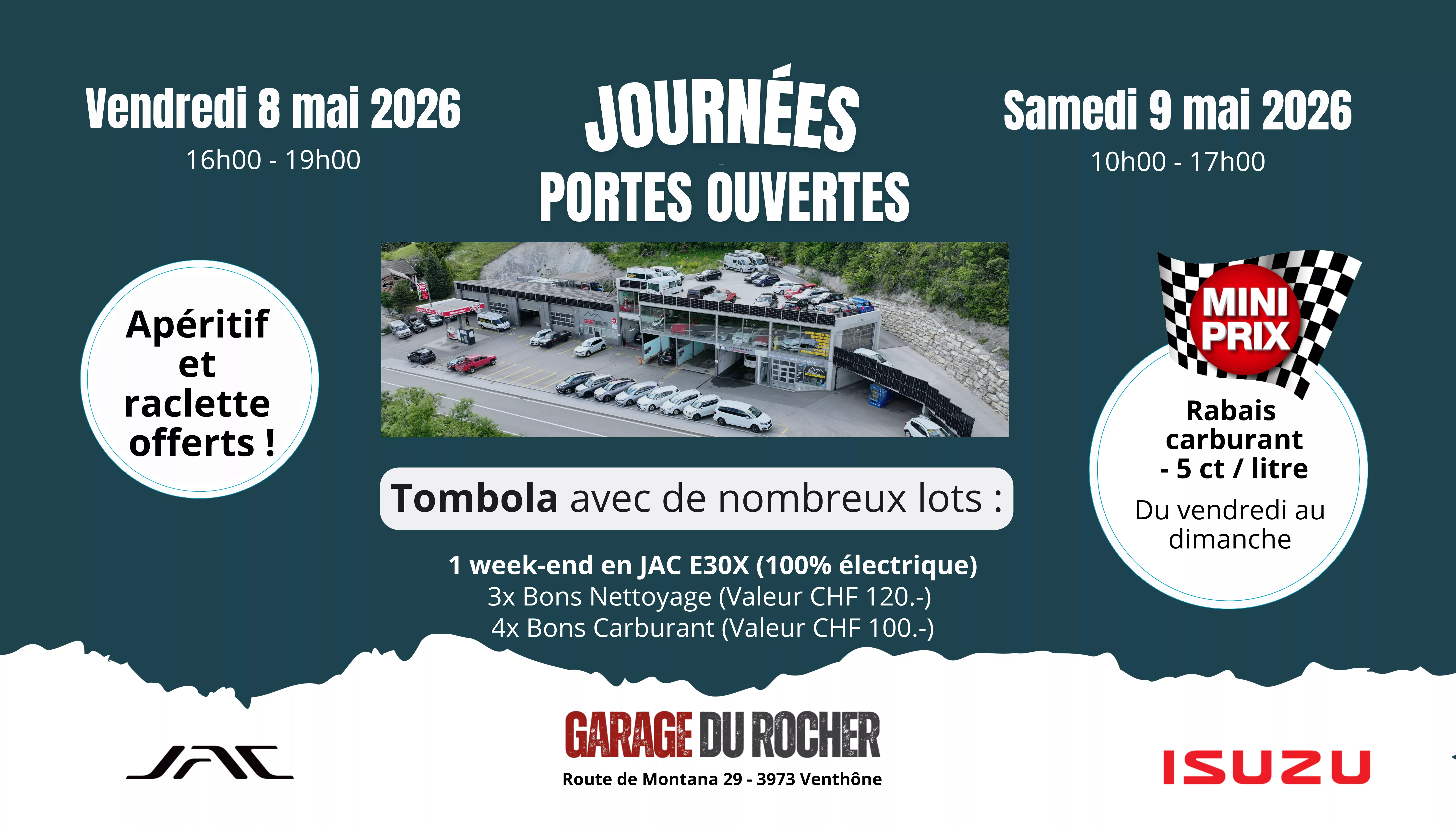 Flyer journées portes ouvertes Garage du Rocher, rabais essence, apéritif et raclette offerts